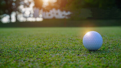 Golf ball on green grass in the evening golf course with sunshine background.