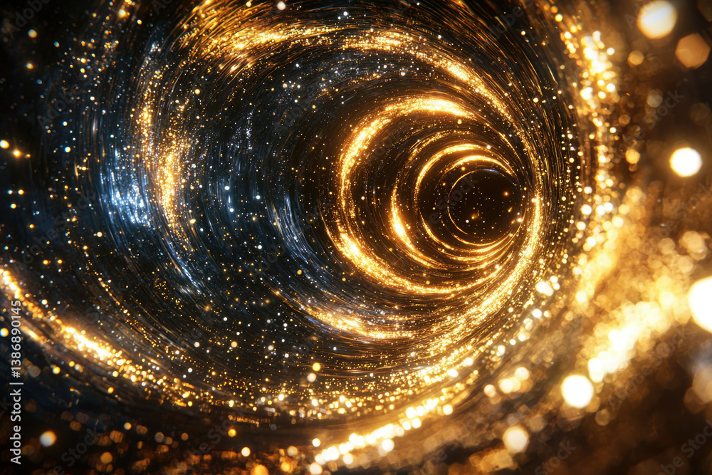 Poster A mesmerizing vortex of golden light and shimmering particles spirals into a dark abyss, creating a cosmic spectacle.