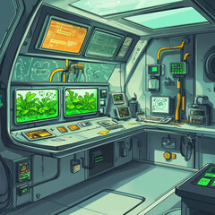 Fototapeta premium Scientific laboratory on spaceship with equipment and machinery for research experiments. Cartoon shuttle room interior with plants in capsule with green liquid, computers and monitors with graphs.