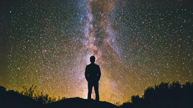 Starry night sky captivates as person gazes upward in serene location under celestial wonders