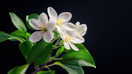 Obraz premium White Apple Blossom with Green Leaves on a Black Background