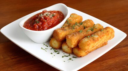Crispy Mozzarella Sticks Served with Marinara Sauce on a White Plate for Appetizing Delight