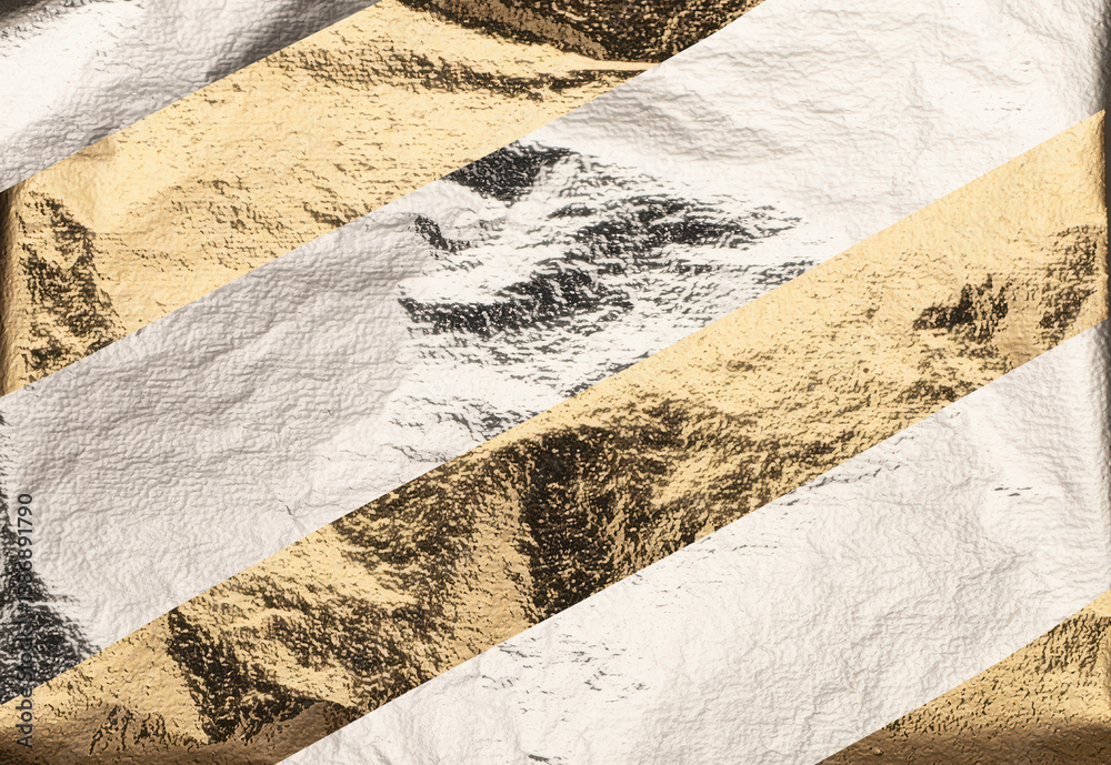 Poster gold and silver foil texture with diagonal stripes. shiny metallic background with crumpled surface,