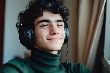 Young person with headphones smiles indoors wearing a green turtleneck sweater.