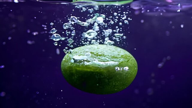 Super slow motion video of a large green aventurine stone plunging into water, isolated on a deep purple background, with dramatic side lighting