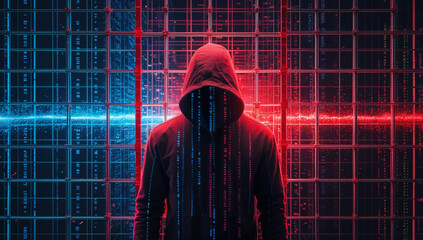Hacker attack blocked by firewall grid with red and blue data particles, cyber defense concept