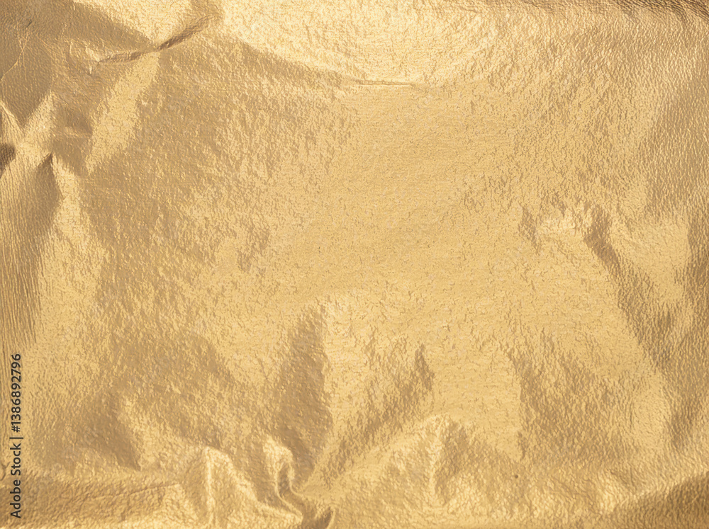 Poster gold foil background with crumpled texture and reflective surface. wrinkled metallic paper with glos