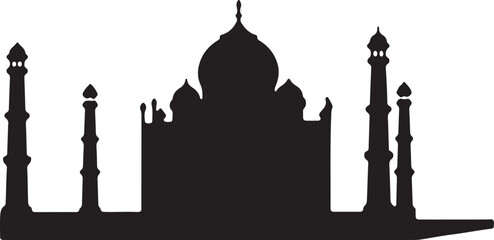 Fototapeta premium Taj Mahal Silhouette Vector – Iconic Indian Landmark Clipart Black Taj Mahal Outline – Historic Monument Vector Graphic Taj Mahal Silhouette Art – Mughal Architecture Vector Design 