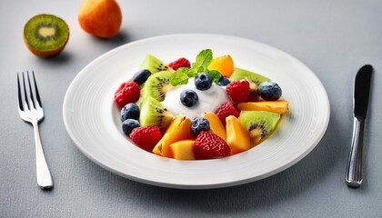 淡いグレーの背景に白いプレート、フルーツサラダとヨーグルトで彩られたシンプルな朝ごはん 淡いグレーの優しい背景の中に、白いプレートに美しく盛り付けられたフルーツサラダとヨーグルト