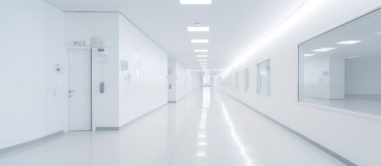 Empty modern Long hospital bright corridor with rooms and windows