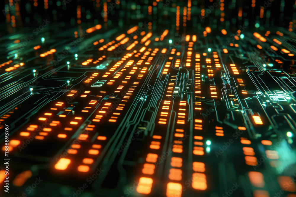 Poster Abstract digital circuit board with glowing orange and teal lines, representing data flow and technological advancement.