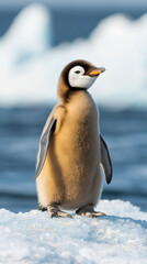 Fototapeta premium Ocean Crisis Ecosystem. fluffy penguin chick st on icy terrain by ocean highlighting ecosystem crisis