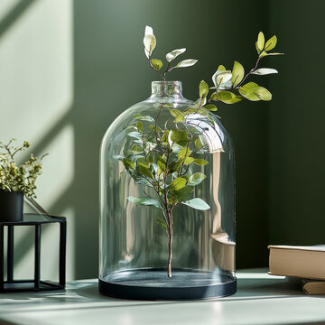3d clear glass bell cover for branch to display. Safe jar case for laboratory plant showcase on table. Lab product presentation inside plastic glossy container. Realistic cloche terrarium design