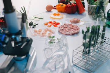 Team Asian scientists in a lab conducting food research using a microscope and lab equipment, showcasing innovation in food science and biotechnology