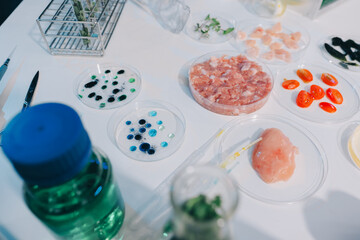 Team Asian scientists in a lab conducting food research using a microscope and lab equipment, showcasing innovation in food science and biotechnology