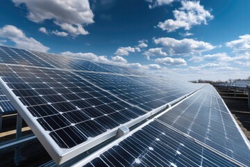 Solar panels under a vibrant blue sky.