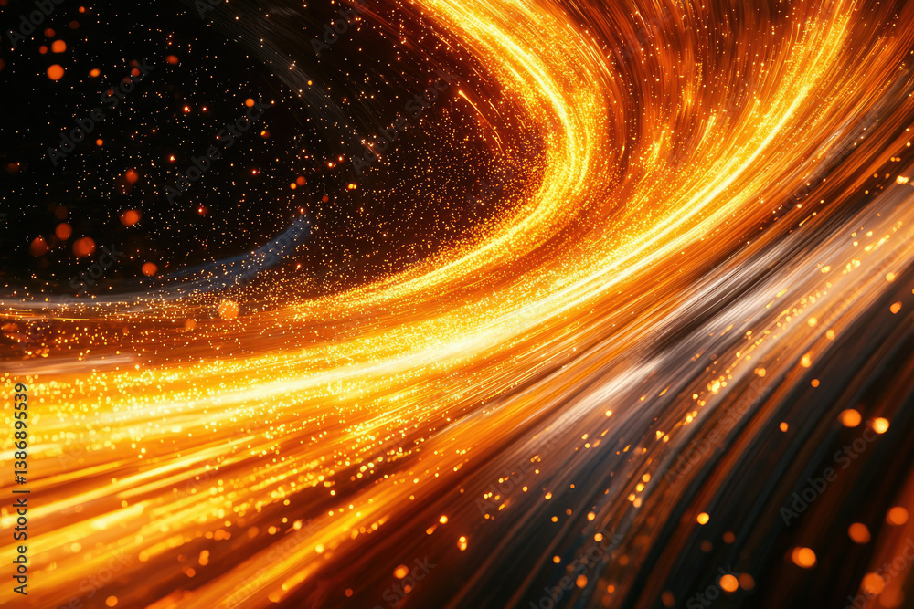 Poster a swirling vortex of fiery orange light streaks across a dark background, interspersed with glitteri