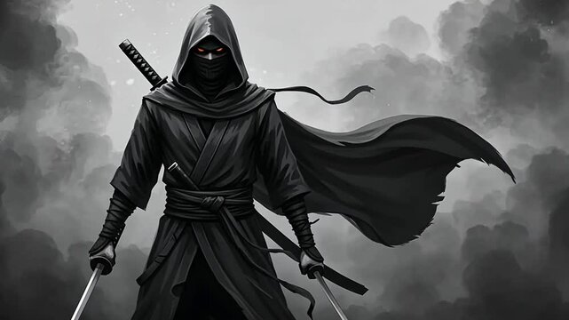 Shadowy Ninja Warrior: A grayscale digital painting of a mysterious ninja, wielding twin swords, cloaked in darkness, and exuding an aura of power and stealth.