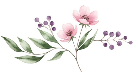 Naklejka premium Delicate watercolor blossoms, a tender arrangement of soft pink flowers and dusky purple berries on lush green leaves, creating a serene and romantic floral scene.