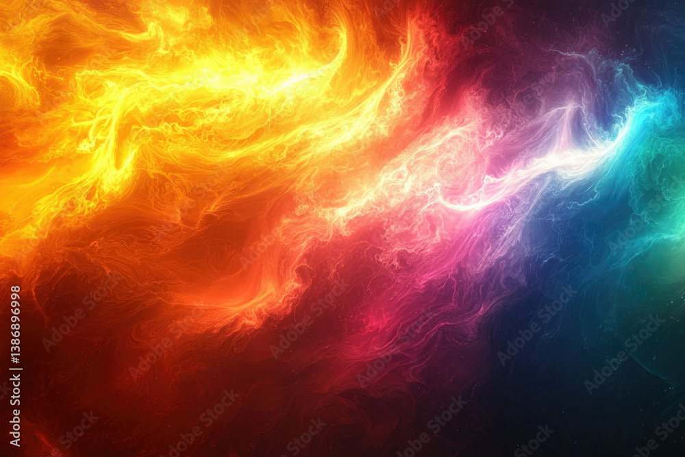 Poster abstract artwork depicting swirling, vibrant colors of fire and energy, creating a dynamic and mesme