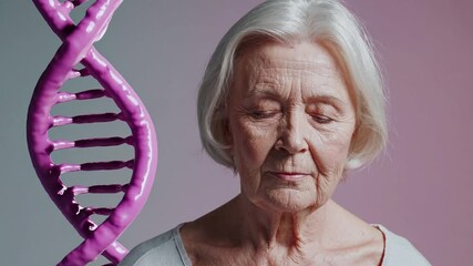 Profile portrait of senior woman with closed eyes. DNA double helix structure in gentle pastel background. Concept of genetic research, biotech ageing, anti-age, gerontology science, skin care - Powered by Adobe