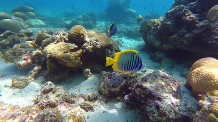 Fototapeta premium Striking angelfish gracefully gliding through a vibrant underwater world