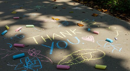 Children's Thank You" Message Drawn in Chalk on Pavement"