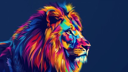 Illustration Lion head animal in style of pop art vibrant color on dark blue background. Generated AI
