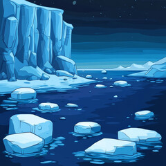 Ice floe pieces and framed mountain cliff. Cartoon vector illustration set of frozen water chunk for arctic landscape. Blue glacier cube floating in sea or ocean. North freeze snow glass rock.