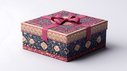 Obraz premium Ornate gift box with ribbon, isolated on white.