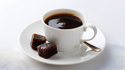Fototapeta premium Dark Brewed Black Coffee in White Cup with Sugar Cubes on Elegant Plate for Stylish Beverage Presentation