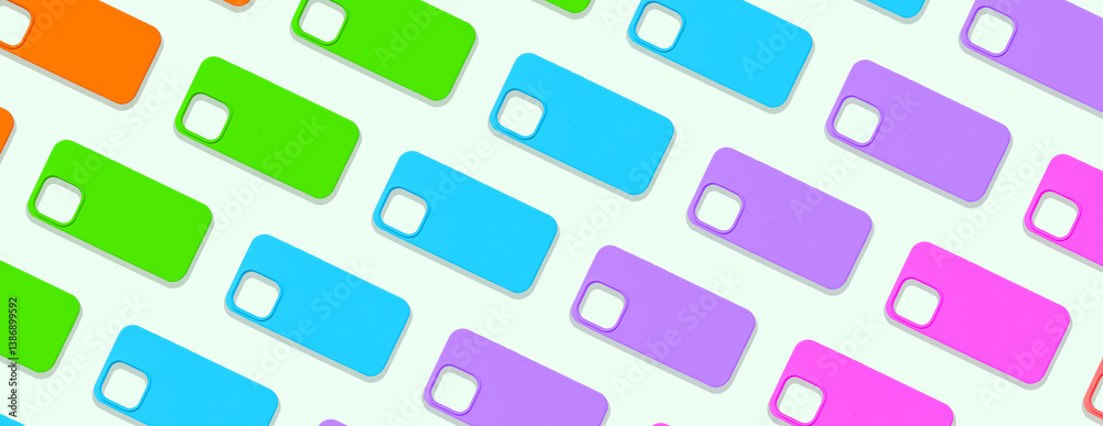 Poster Phone case mockup with a repeating pattern of bright, colorful designs. Different cases arranged in a minimalistic, creative flat lay style. Showcasing modern technology with a focus on protection