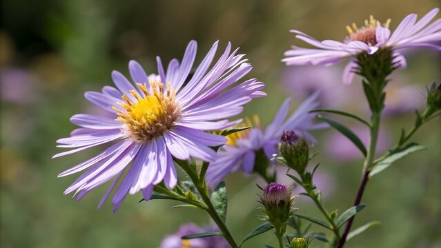 A vibrant purple aster flower in full bloom with a golden-yellow center, set against a soft natural green background.