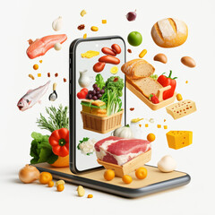 Food delivery smartphone app concept with hand holding mobile device and cartoon grocery items floating into screen including bread, fish and meat, fruits and vegetables, milk package and cheese.