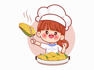 Cute cartoon woman with Steamed Corn for logo cartoon. Street food Thailand Logo design premium vector.