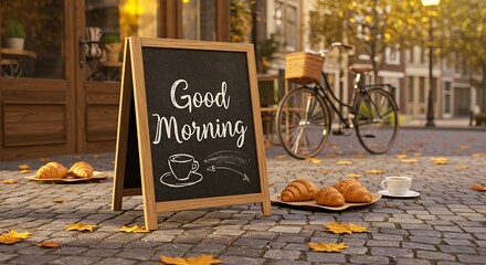 Charming Good Morning" sign outside a cafe in autumn"