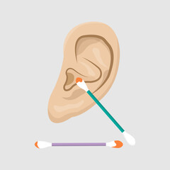 vector of ear lobe being cleaned of earwax using cotton bud