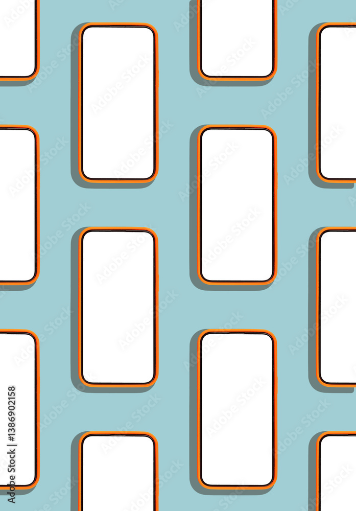 Poster Phone mockup with many smartphones arranged in a vertical pattern, displaying clean, empty frames. A minimal, creative design showcasing modern technology with an abstract, contemporary feel..