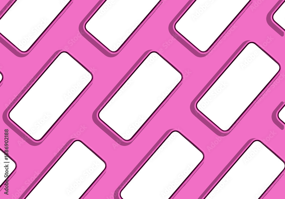 Poster Phone mockup with multiple mobile screens arranged in a repeating pattern. Clean, empty frames on smartphones, showcasing modern technology in a minimal, creative design. Captured in a flat lay view.