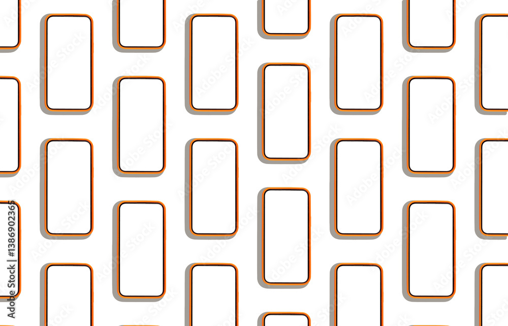 Poster Phone mockup with multiple mobile screens arranged in a row, displaying clean, empty frames. A repeating pattern of blank smartphone displays in a minimal, creative design. Captured from an overhead.