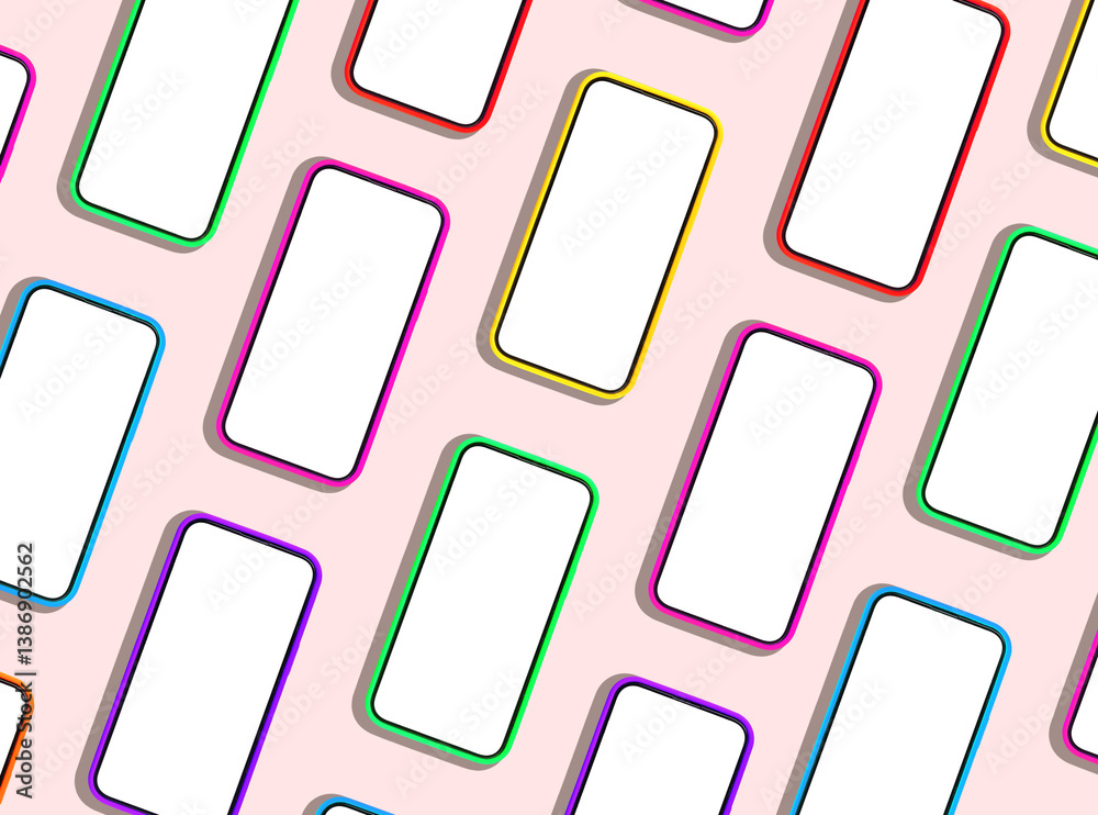 Poster phone mockup with multiple smartphones arranged in a row, displaying clean, blank screens. bright, p