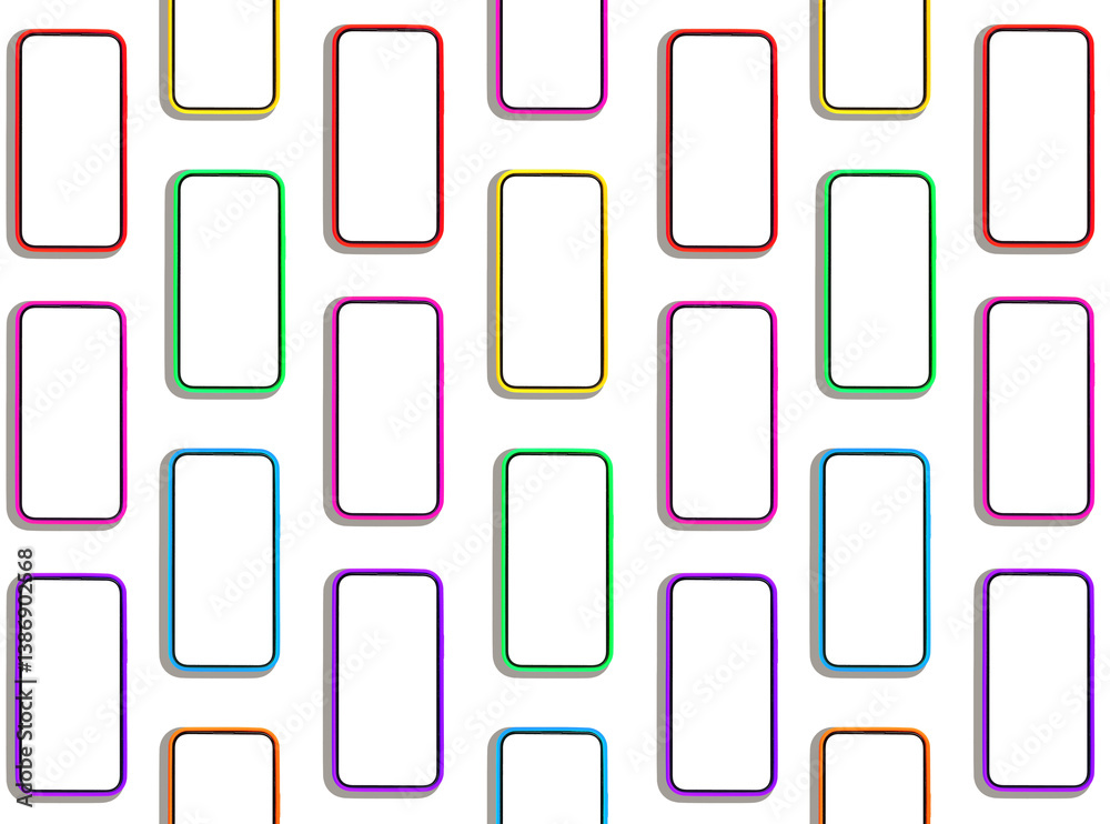 Poster Phone mockup with multiple smartphones arranged in a repeating pattern, displaying clean, blank screens. A colorful, creative design perfect for advertising and promotions, set against an isolated.
