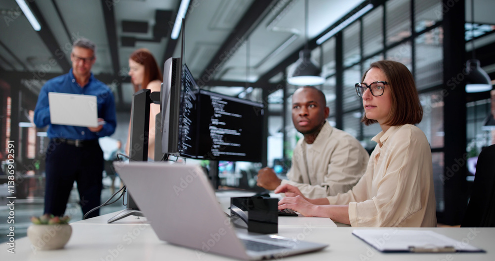 Poster young african american woman coding software on computer in office