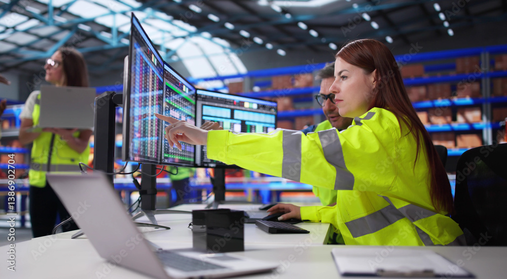 Poster Inventory Manager Inputs Data On Computer Screen In Warehouse Office