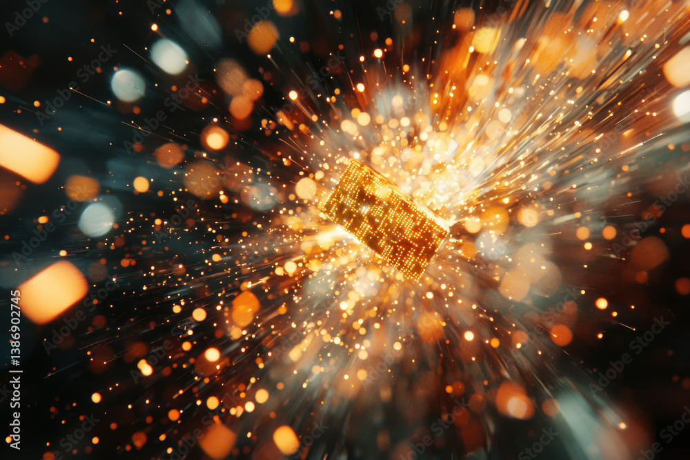 Poster a golden, data-filled cube explodes in a burst of light and sparks, symbolizing digital energy and i