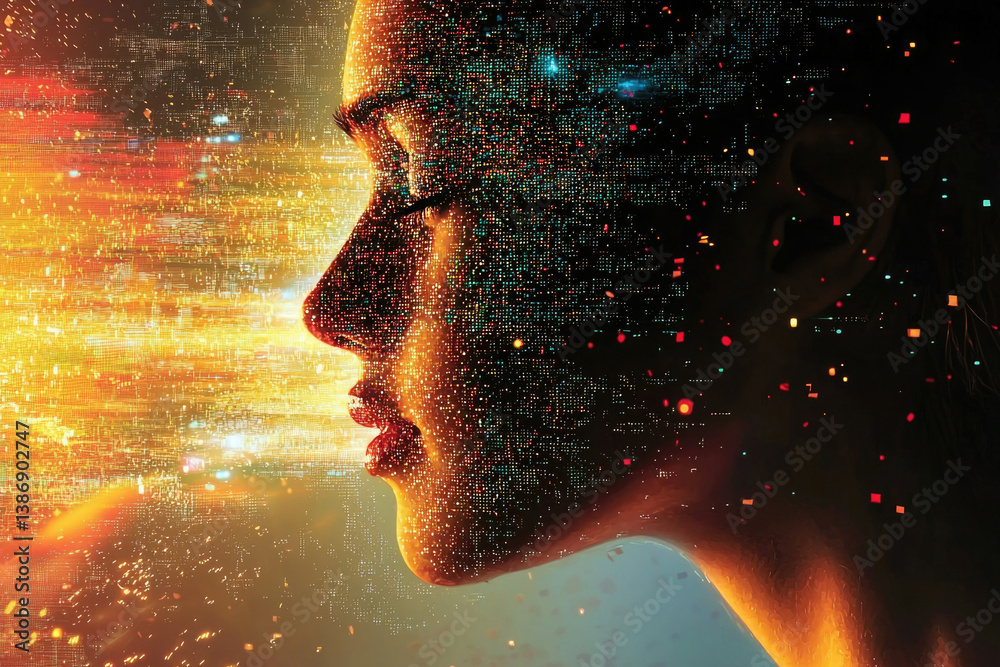 Poster a woman's face is formed from digital data streams, symbolizing the convergence of technology and hu