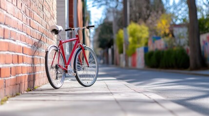 Fototapeta premium Red bicycle leaning against brick wall on city sidewalk