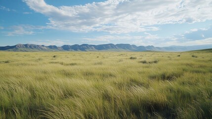 Obraz premium Expansive grassland landscape under a sky with picturesque cloud formations