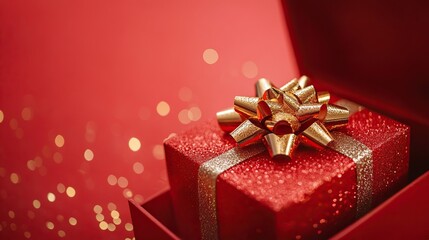 Obraz premium Open red gift box with glitter and golden bow on red background with copy space.