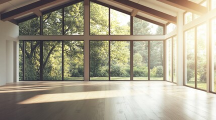 Sunlit Modern Interior with Expansive Windows Overlooking Lush Greenery Exterior